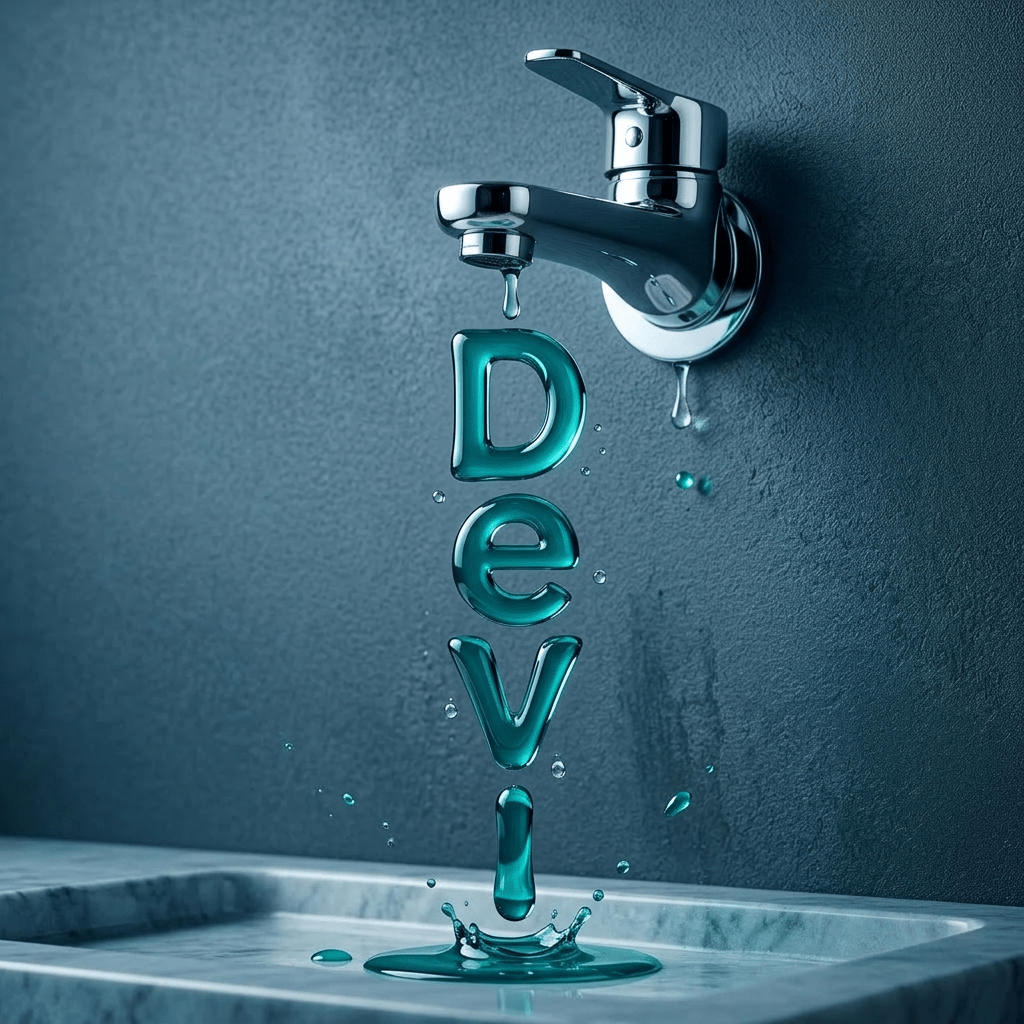 Decorative text 'Devi' embellished with floral designs, jewelry accents, and glowing lamps on dark background