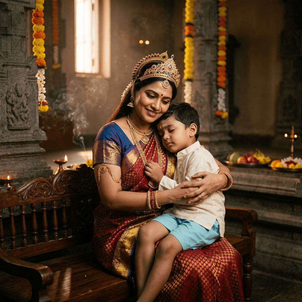 Mother in traditional saree and jewelry holding her sleeping child inside a temple with flower decorations and lit candles