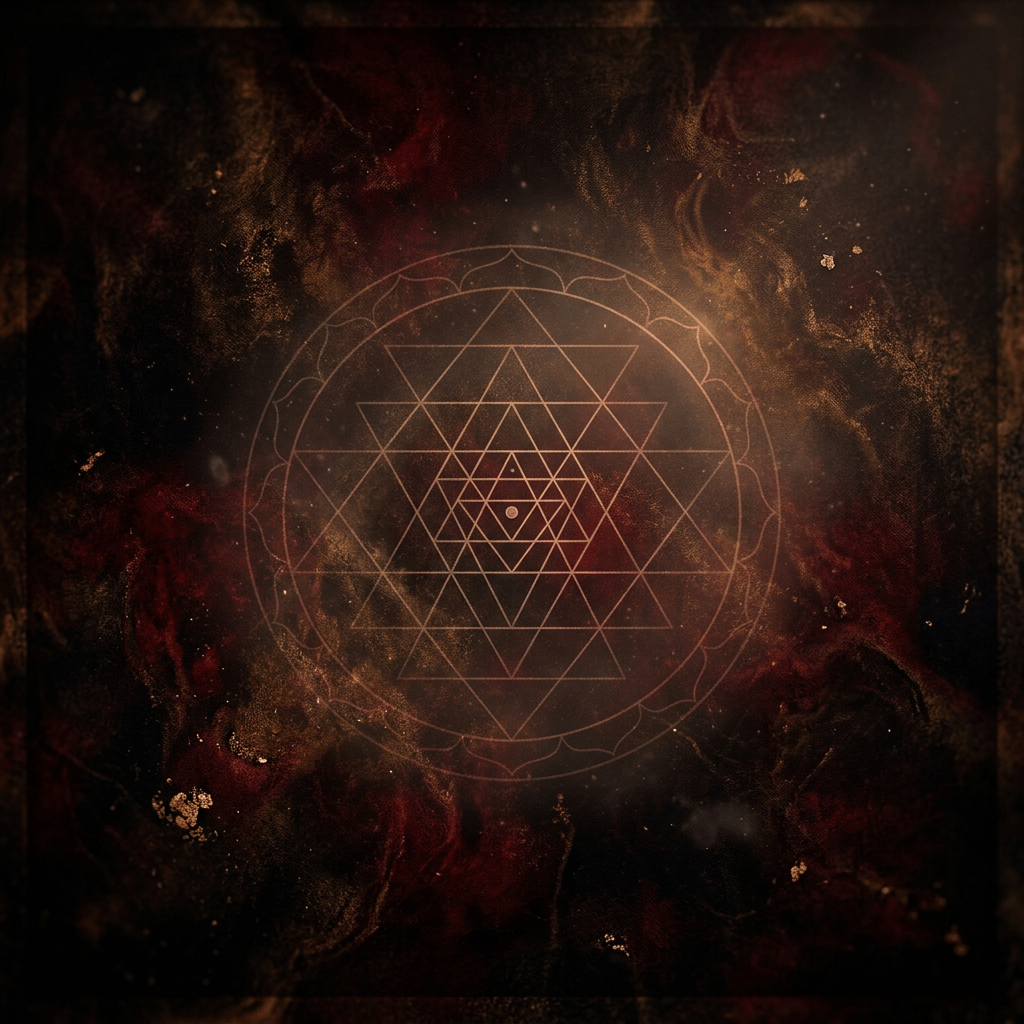 Geometric mandala with interlocking triangles and circular patterns surrounded by dark, smoky textures