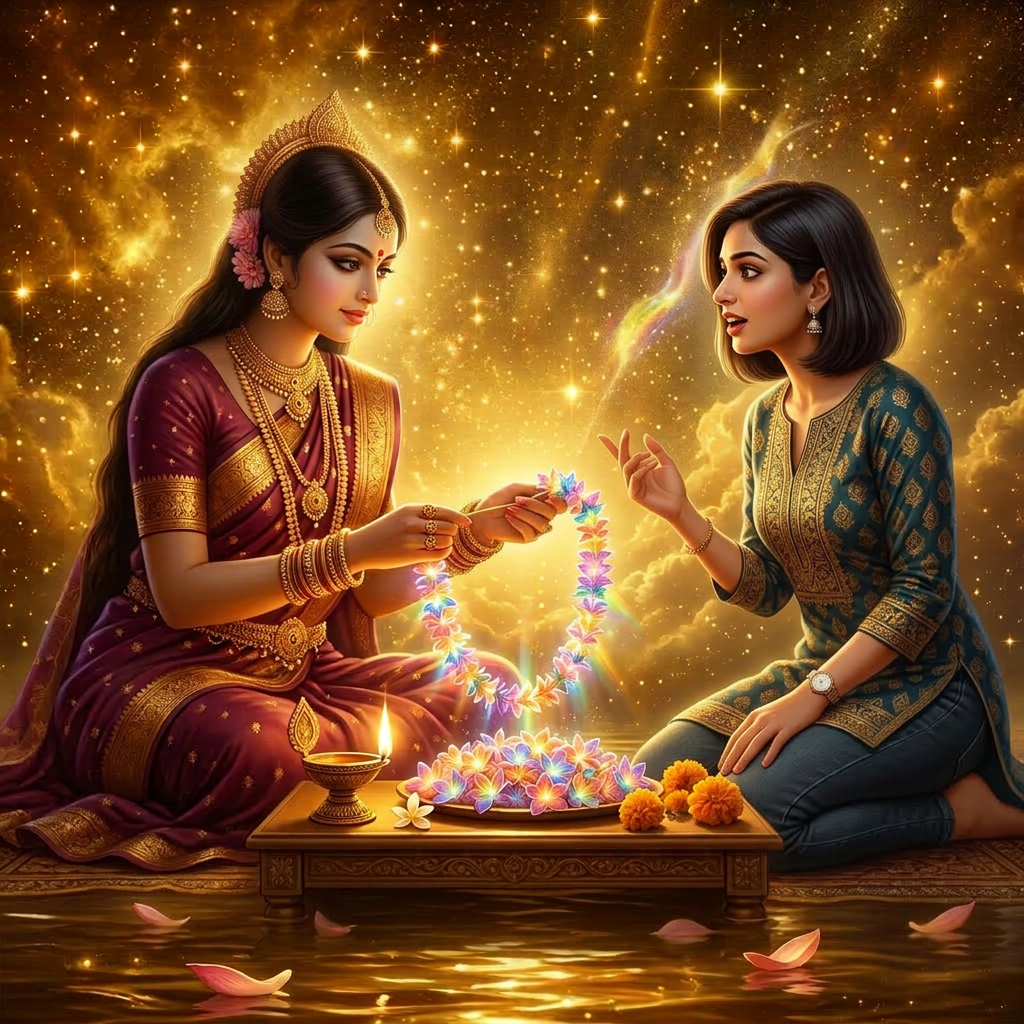 Indian man and woman making a flower garland with glowing flowers