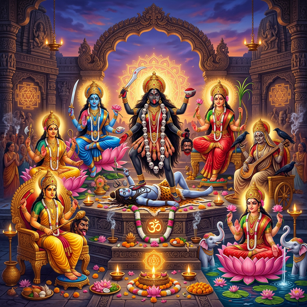 Hindu goddesses in colorful attire seated or standing in a temple surrounded by lamps and offerings.