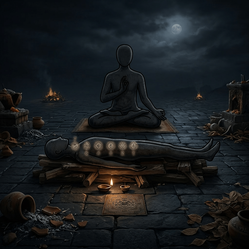 Diagram showing a seated practitioner and a corpse lying down with chakras marked along the corpse’s body, labeled Śava (Corpse), Sādhaka (Practitioner), Chakras, Ritual space, and Ground level.