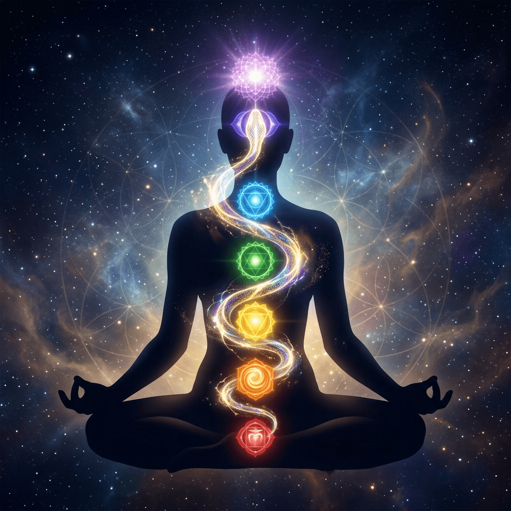 Silhouette seated in meditation with glowing chakras along the spine and cosmic background