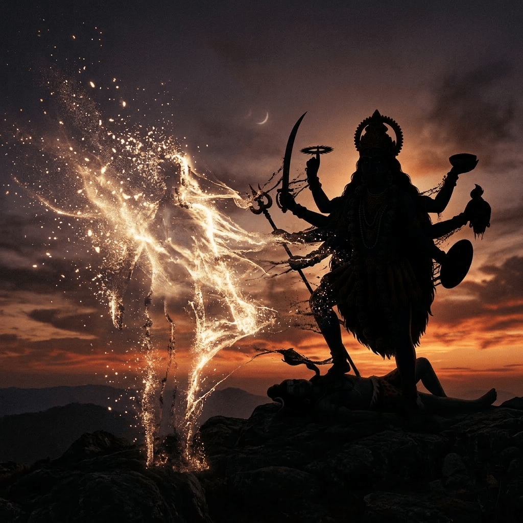 Glowing human figure confronting goddess Kali with multiple arms at sunset