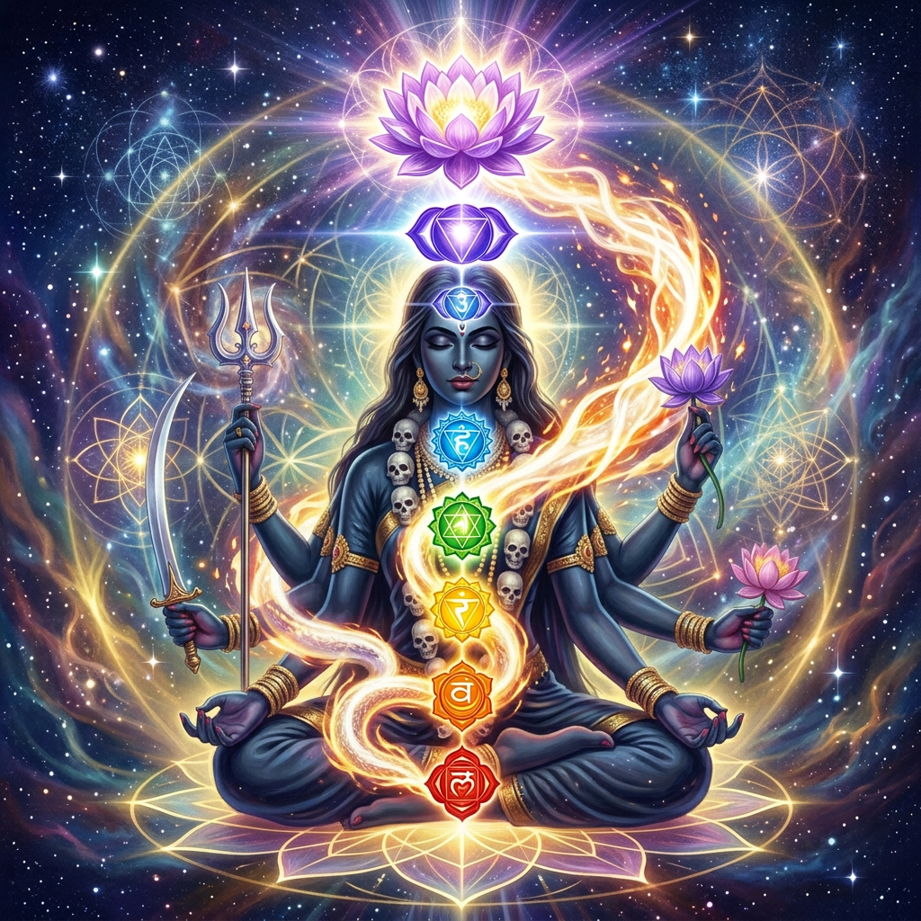 Woman meditating with seven glowing chakras aligned along her body in outer space