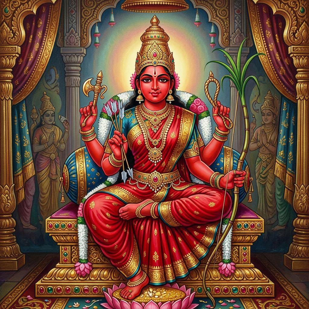 Four-armed Hindu deity seated on a jeweled throne with bow and arrows